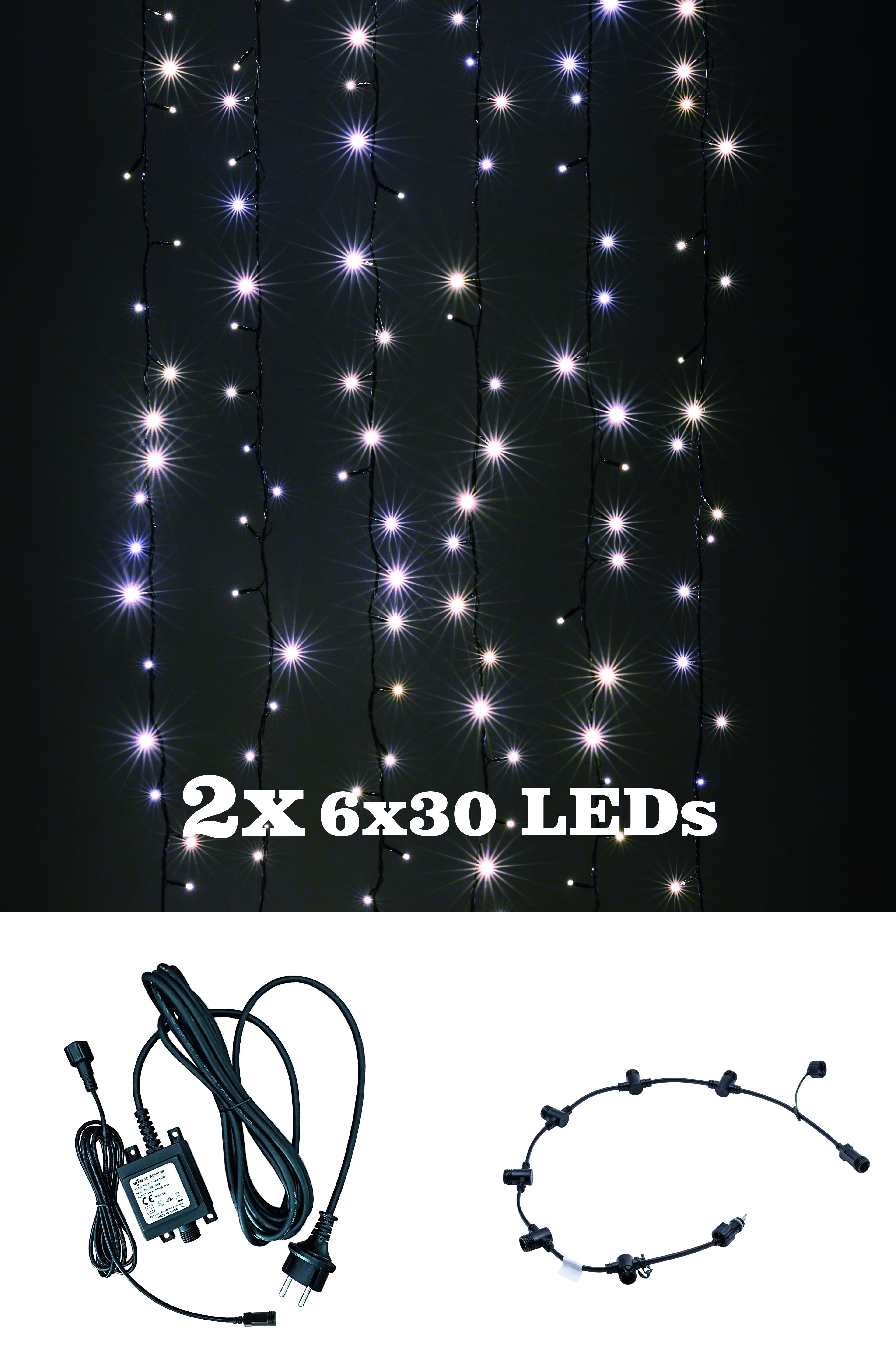 Heitronic SET Vorhangsystem 2x6 Lichtstränge mit je 30 LEDs warmweiß 1,55 Meter schwarz IP44 24 Volt AC inkl Basisleitung und Trafo