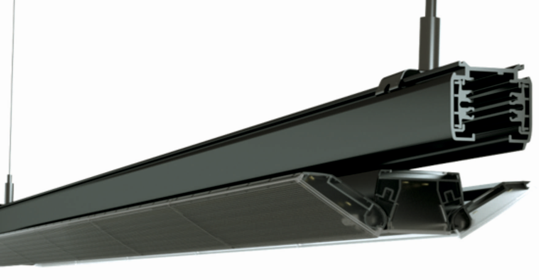 Larsen Railtrack LED 3-Phasenstromschienenleuchte K3 Linear schwarz 1500mm 2-fach kippbar leuchtender Mittelsteg 3500 Kelvin warmweiß 50 45 40 35 Watt CRI90