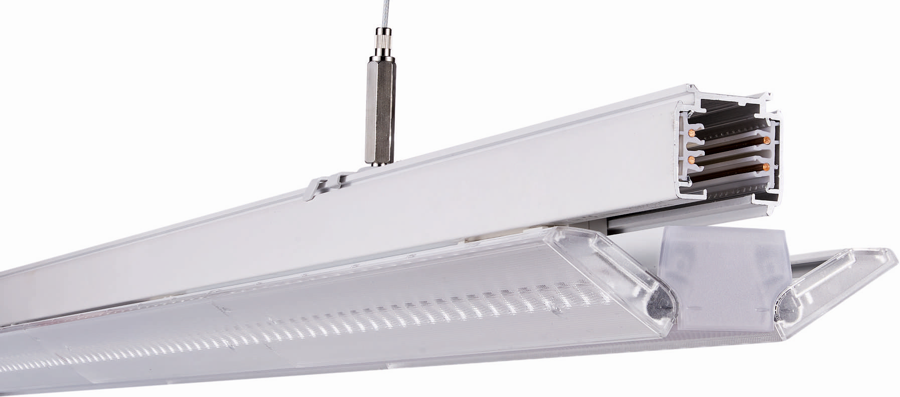 Larsen Railtrack LED 3-Phasenstromschienenleuchte K3 Linear weiß 600mm 2-fach kippbar leuchtender Mittelsteg 3500 Kelvin warmweiß 50 45 40 35 Watt CRI90